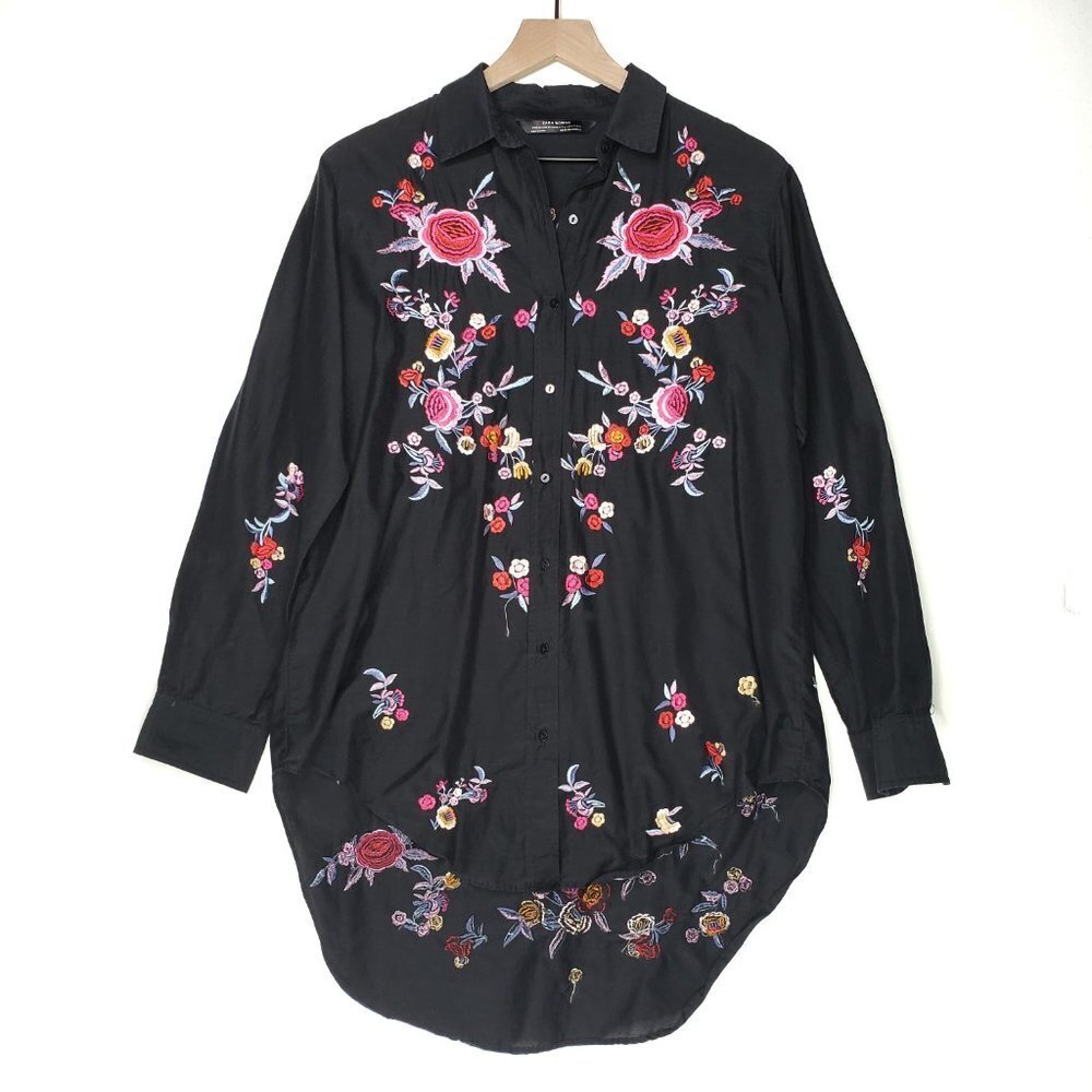 Zara Floral Embroidered Button Front Tunic Top Oversized XS Black Boho
